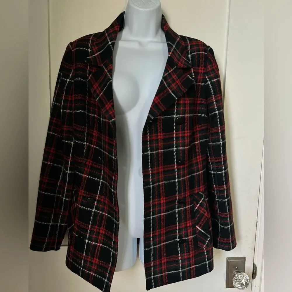 CABI Women's Manhattan Tartan Double-Breasted Wool Blend Academia Peacoat size 8